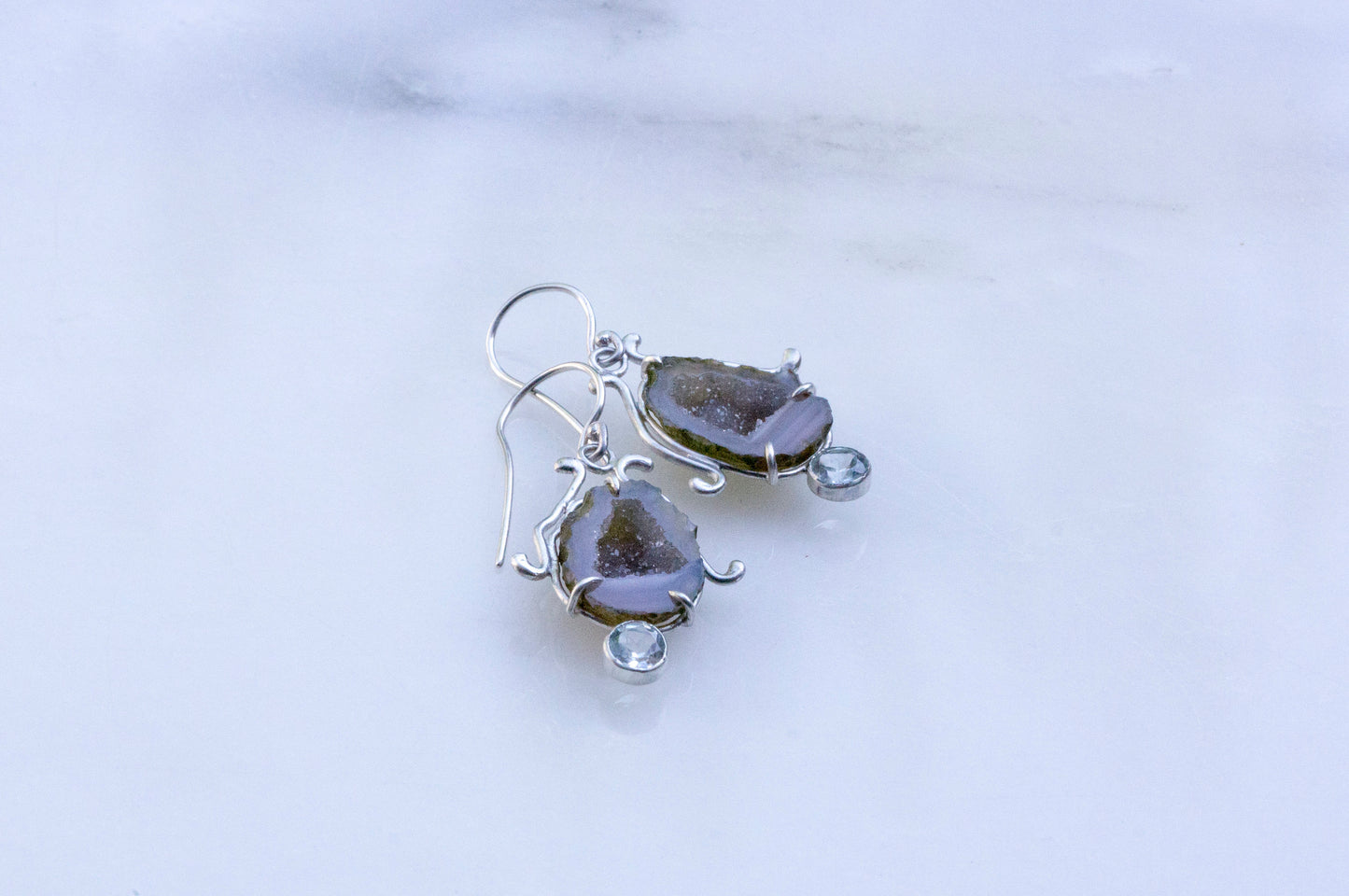 Geode and aquamarine bell flower dangle earrings