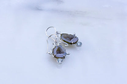 Geode and aquamarine bell flower dangle earrings