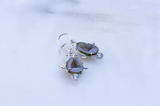Geode and aquamarine bell flower dangle earrings