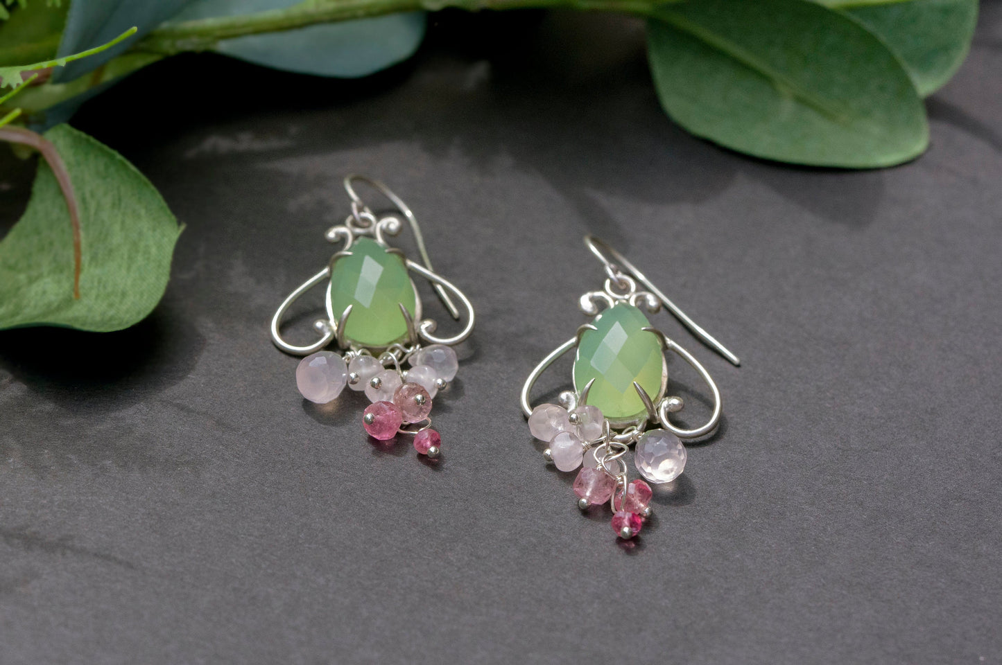 Prehnite chalcedony bell flower dangle earrings