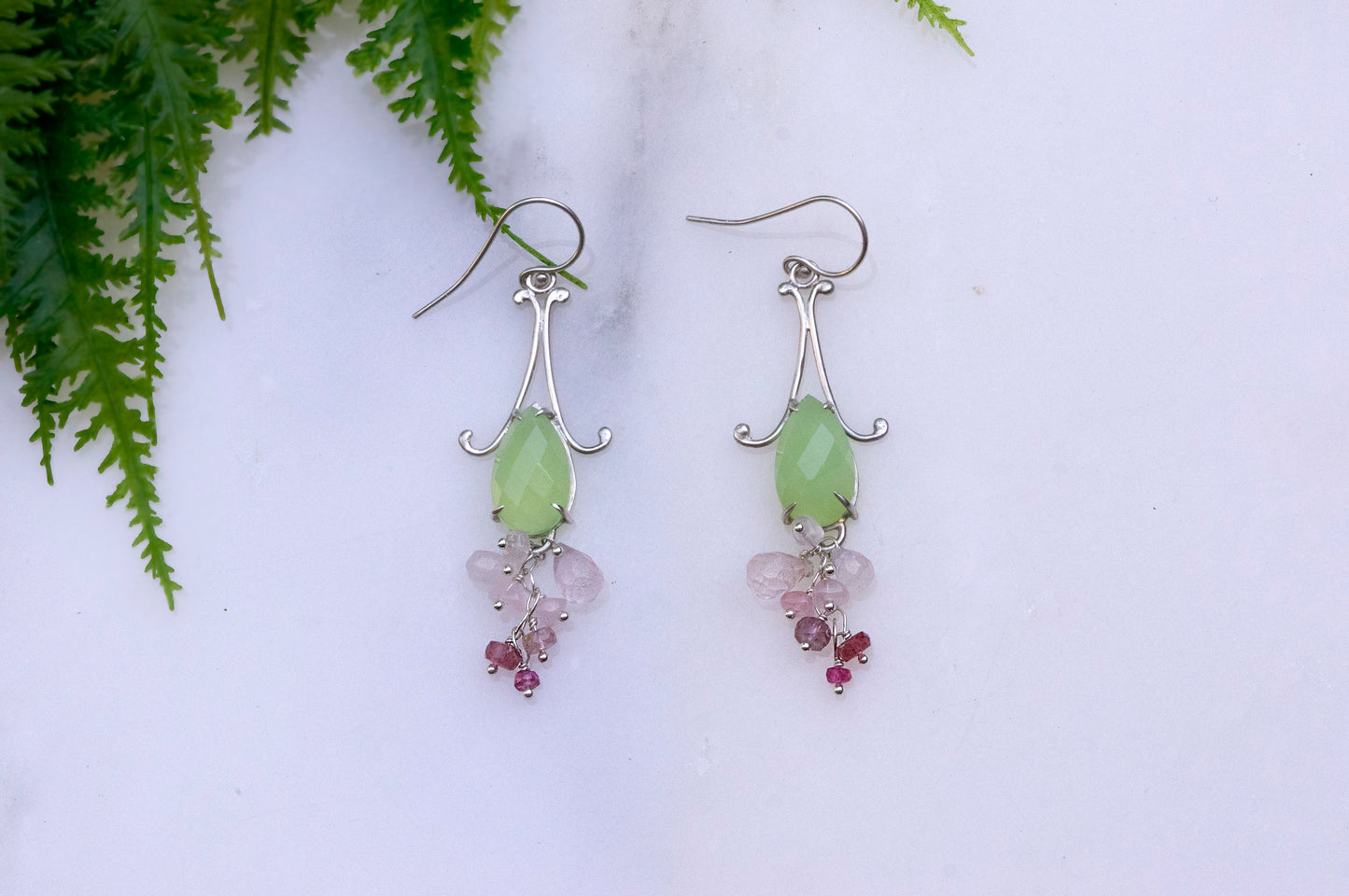 Prehnite chalcedony bell flower dangle earrings