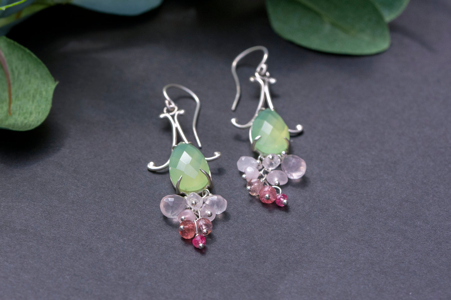 Prehnite chalcedony bell flower dangle earrings
