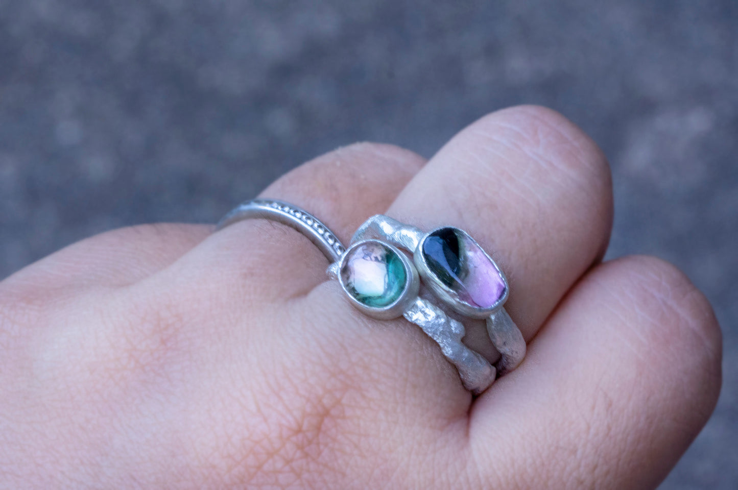 Watermelon tourmaline silver twig ring