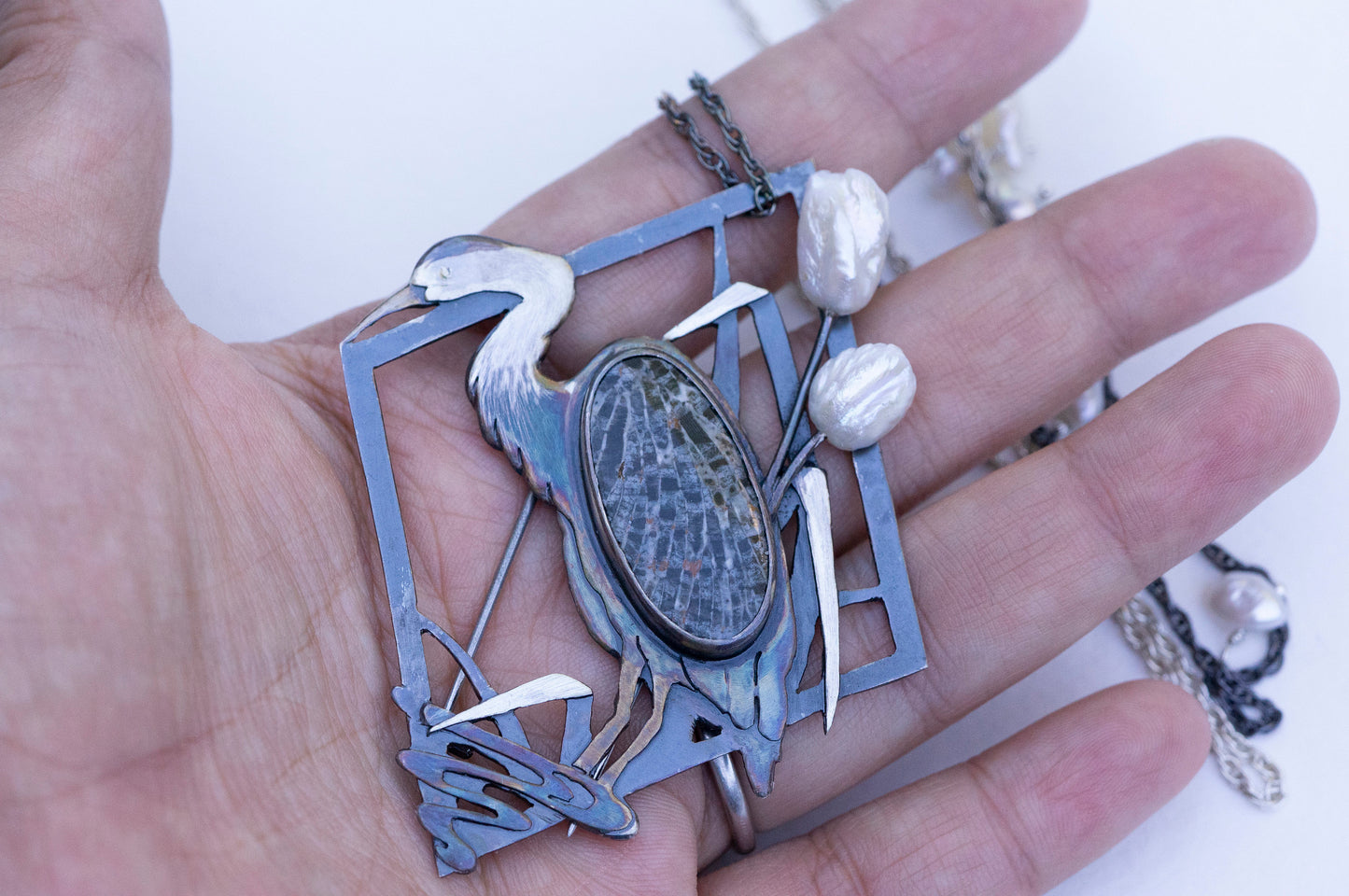Blue heron brooch and necklace