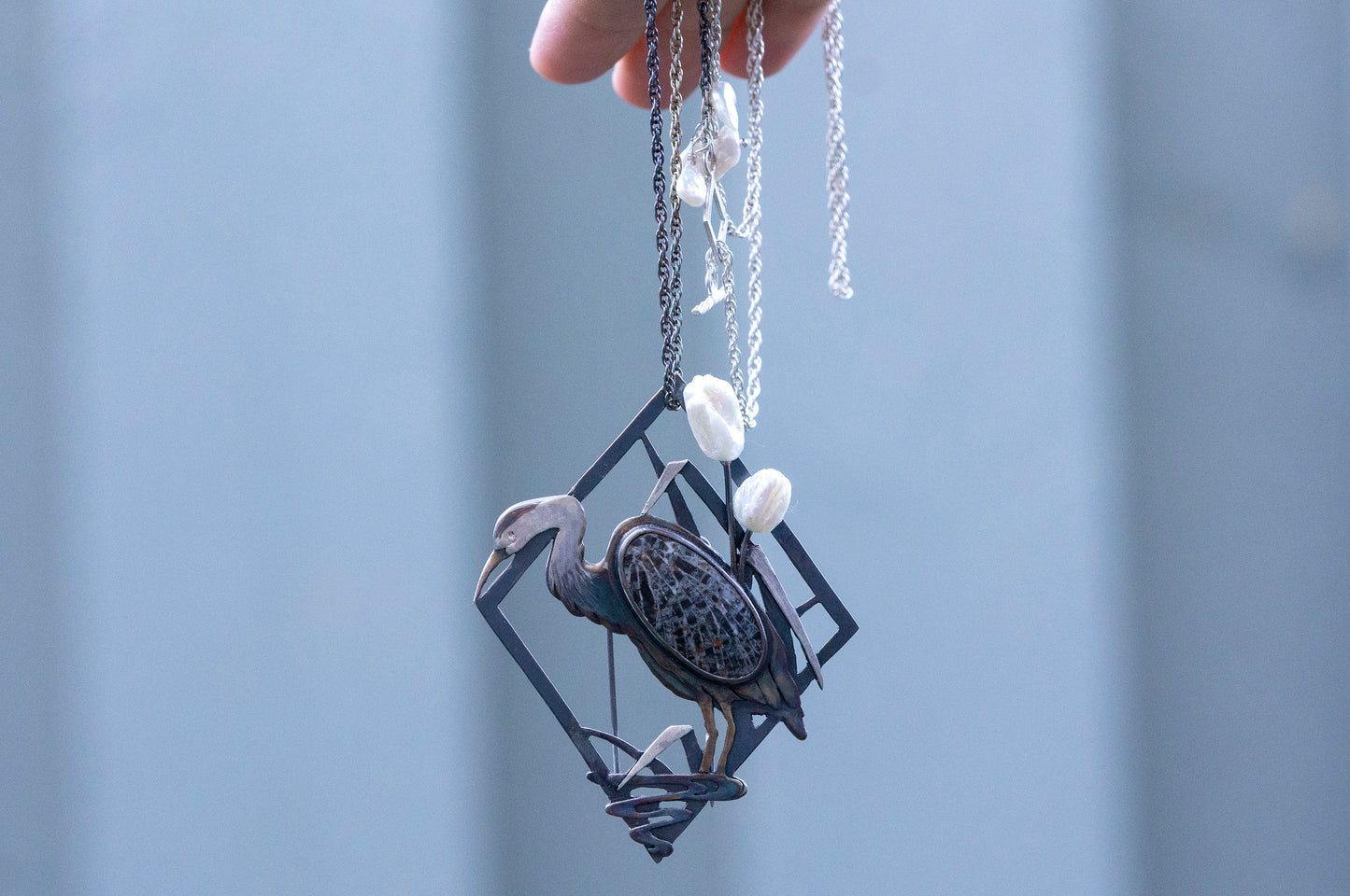 Blue heron brooch and necklace