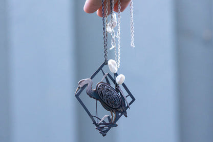 Blue heron brooch and necklace