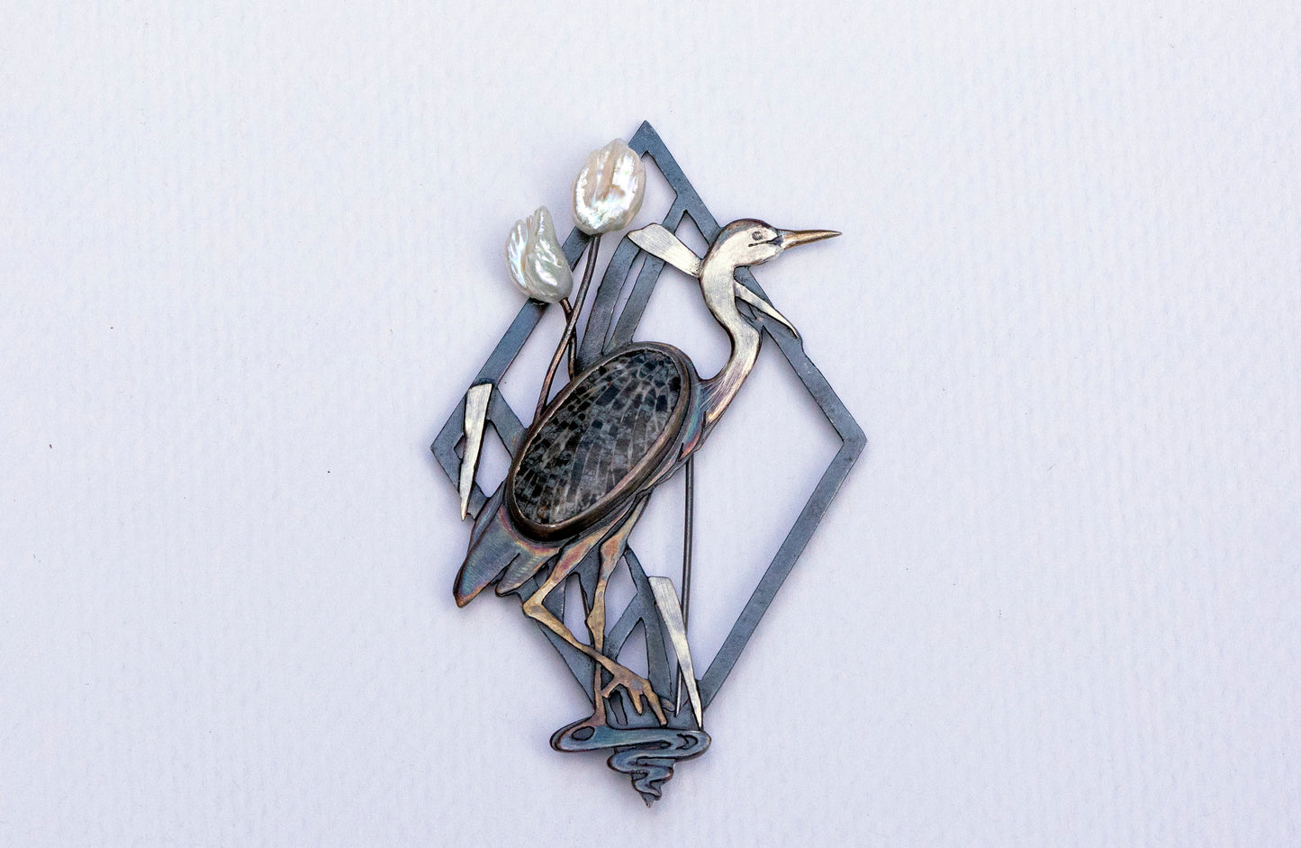 Blue heron brooch and necklace