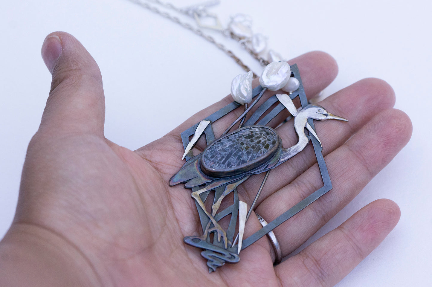 Blue heron brooch and necklace