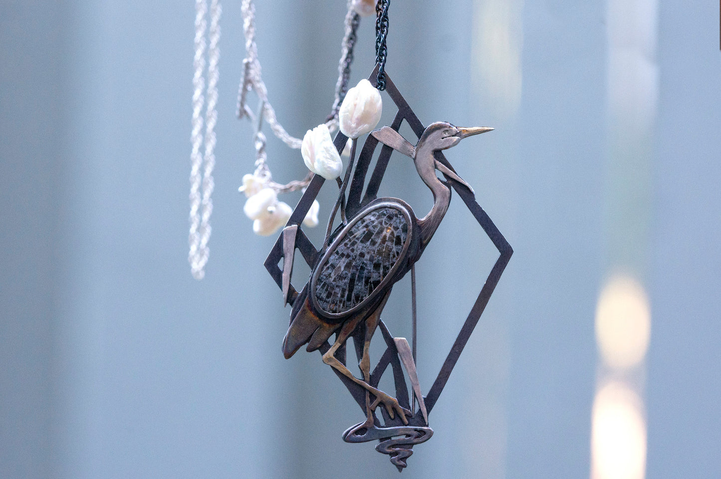 Blue heron brooch and necklace