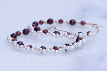 Garnet and pearl lace hoop earrings