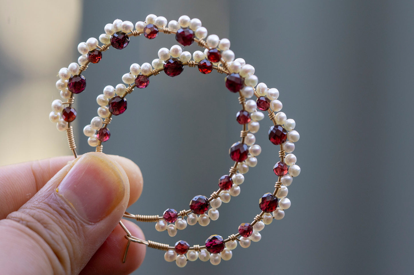 Garnet and pearl lace hoop earrings
