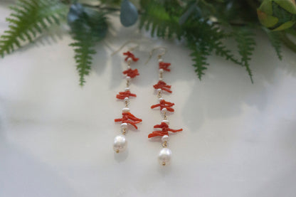 long coral and pearl cluster earrings