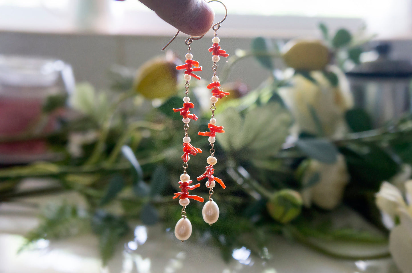 long coral and pearl cluster earrings
