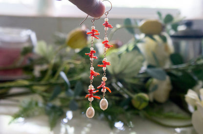 long coral and pearl cluster earrings