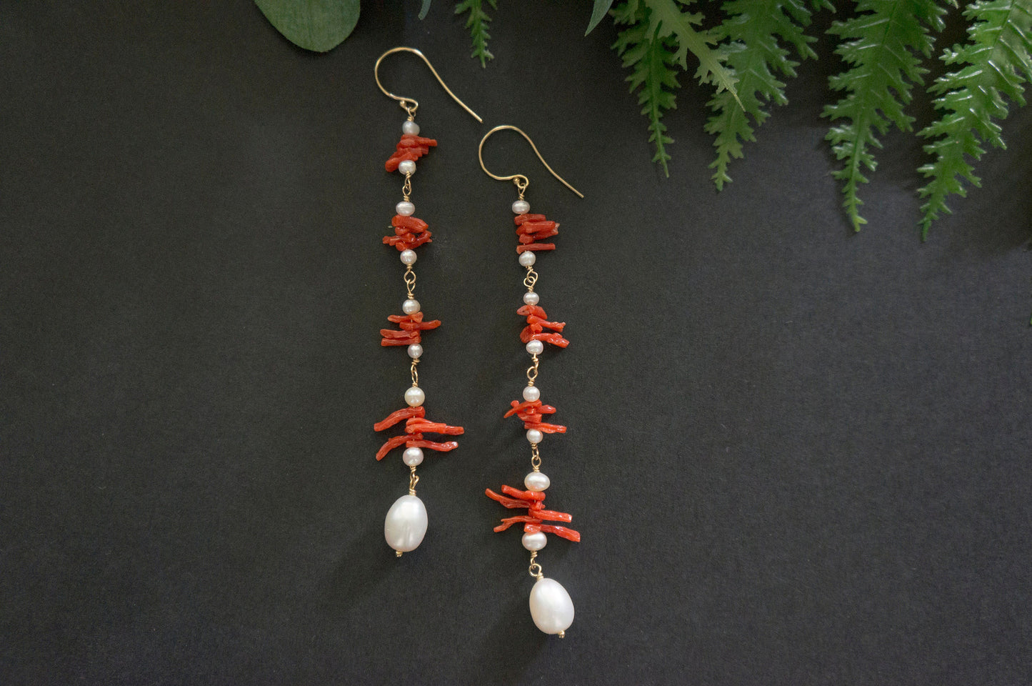 long coral and pearl cluster earrings