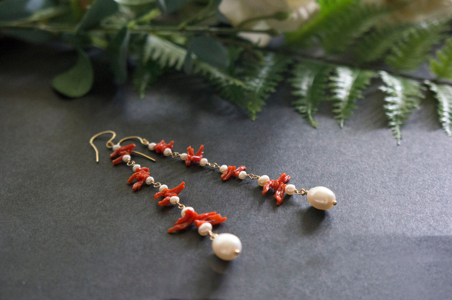 long coral and pearl cluster earrings