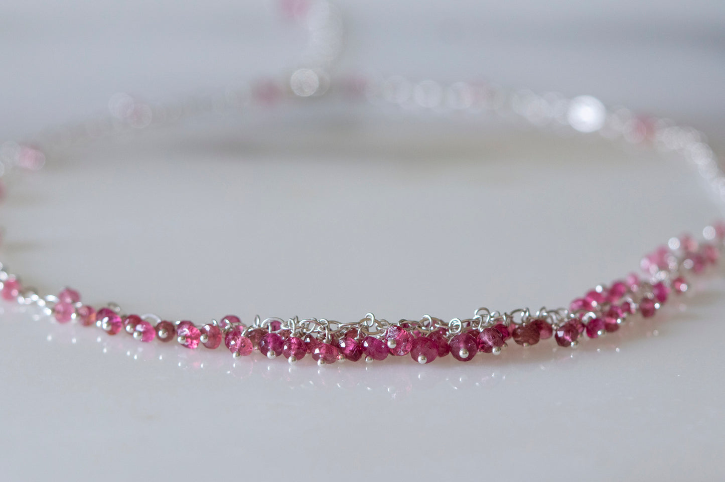 Pink tourmaline sterling silver cluster necklace