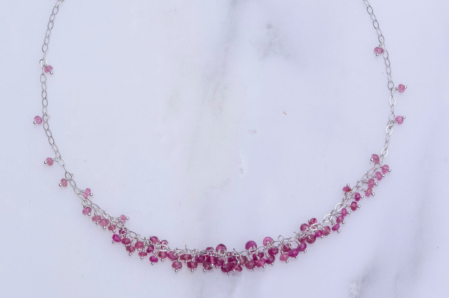 Pink tourmaline sterling silver cluster necklace