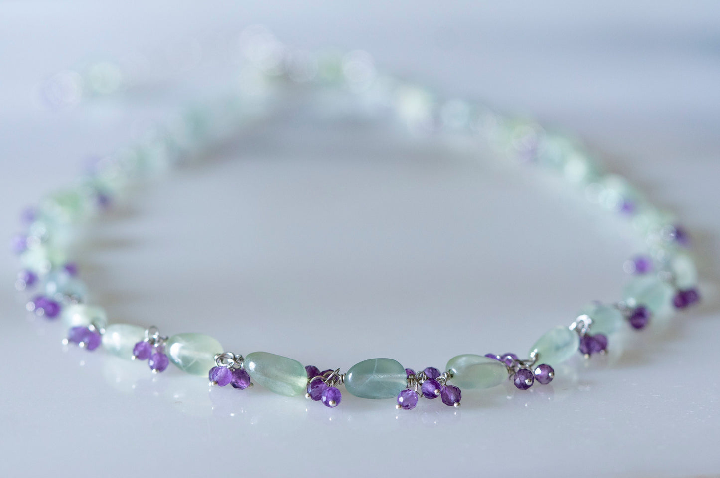 Prehnite and amethyst cluster necklace and earring