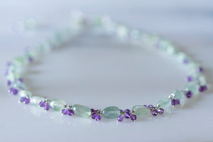 Prehnite and amethyst cluster necklace and earring