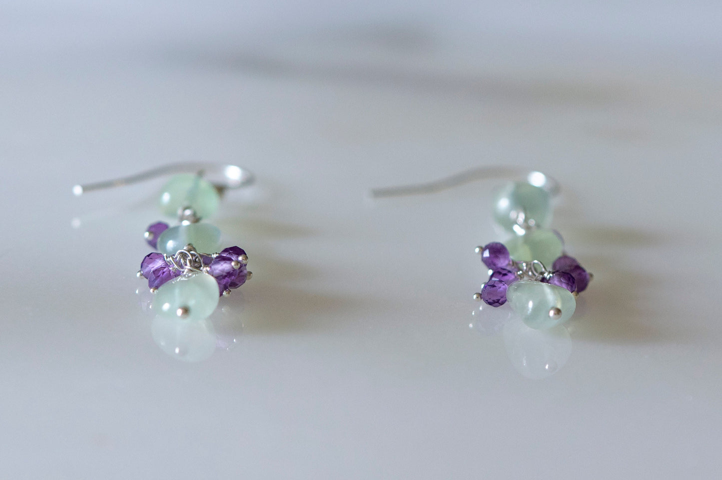 Prehnite and amethyst cluster necklace and earring