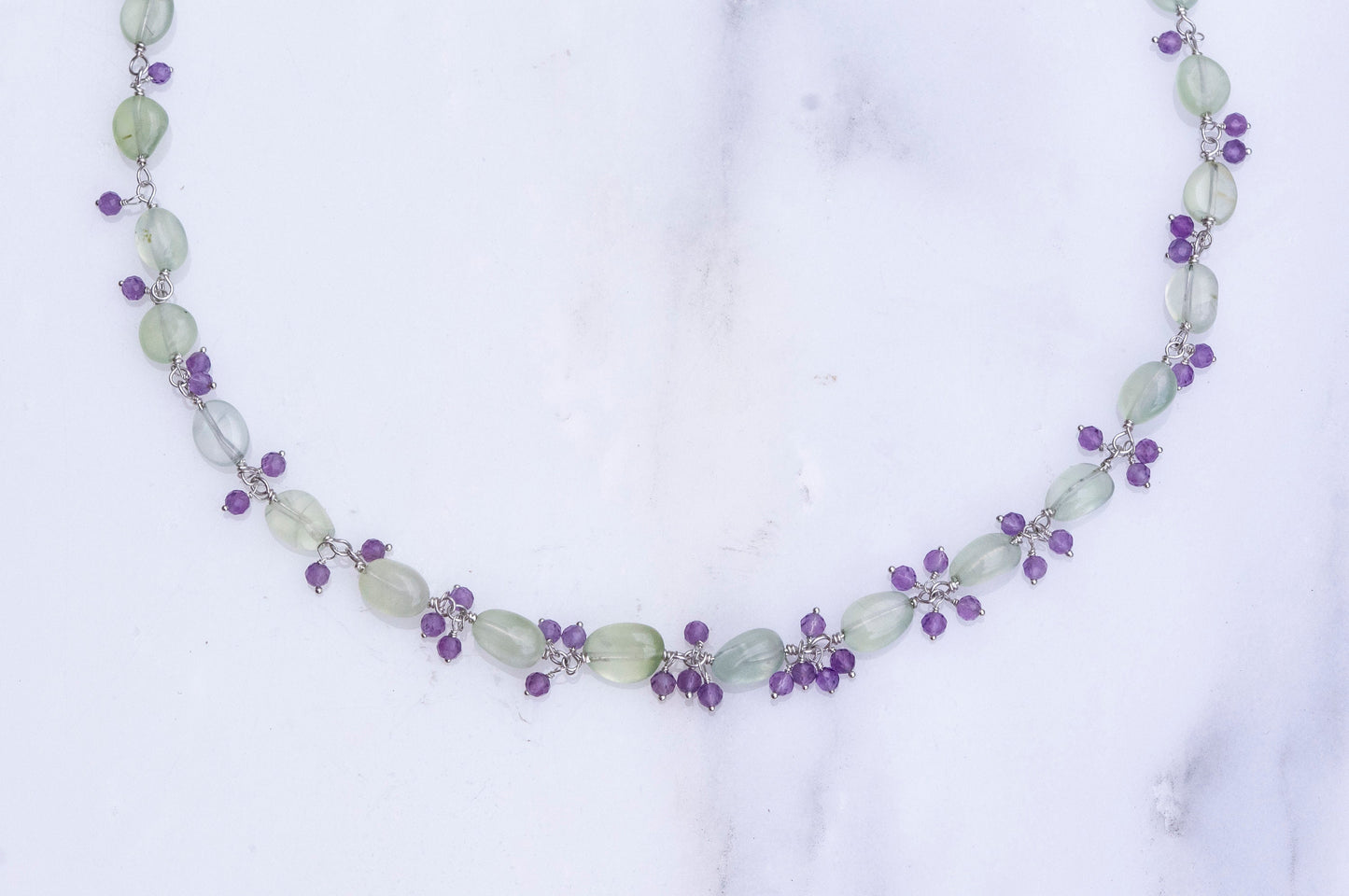 Prehnite and amethyst cluster necklace and earring