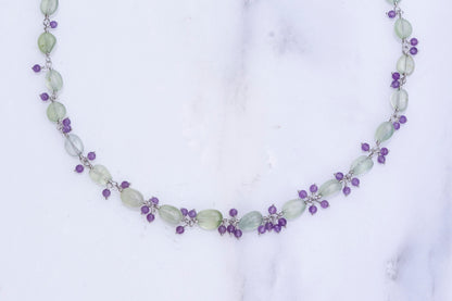 Prehnite and amethyst cluster necklace and earring