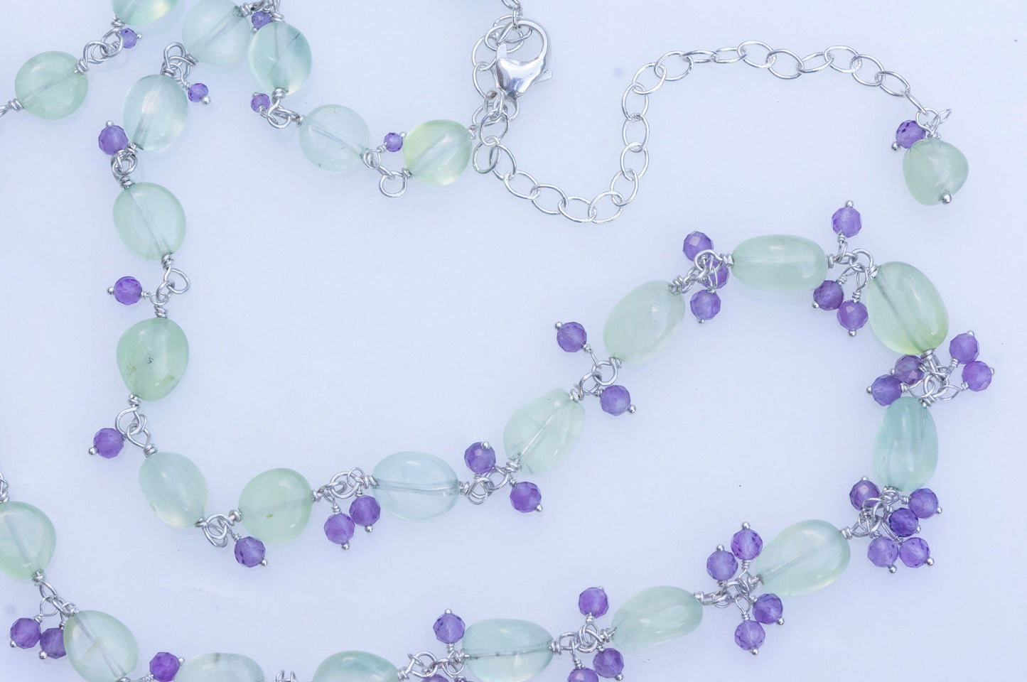 Prehnite and amethyst cluster necklace and earring