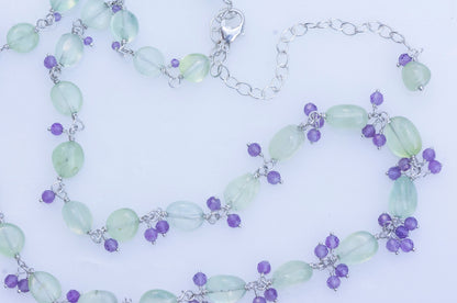 Prehnite and amethyst cluster necklace and earring