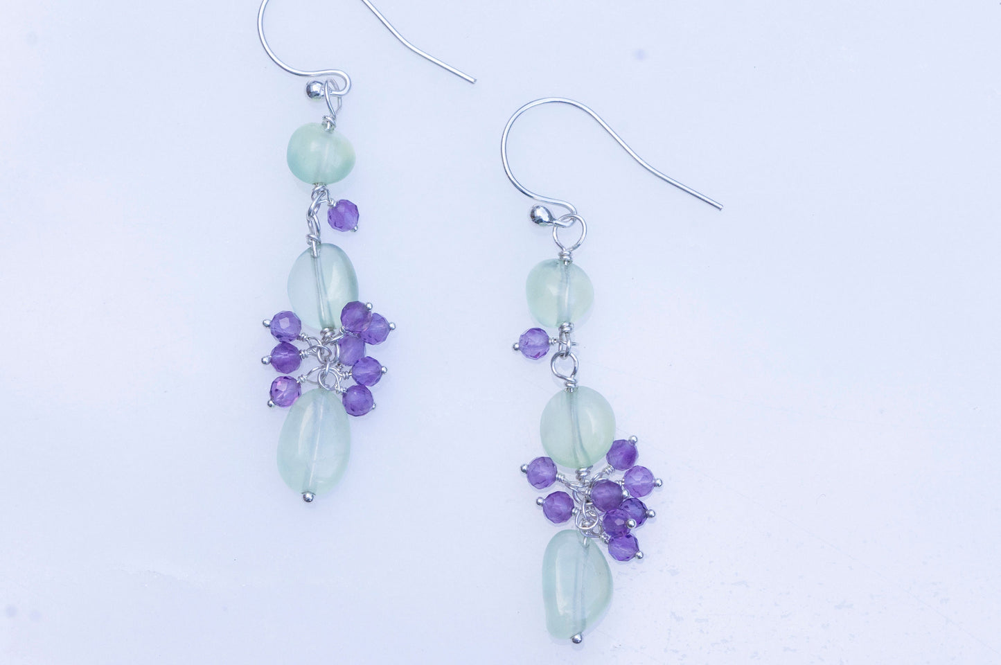 Prehnite and amethyst cluster necklace and earring