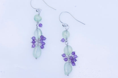Prehnite and amethyst cluster necklace and earring