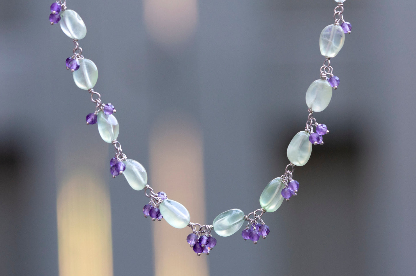 Prehnite and amethyst cluster necklace and earring