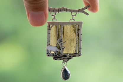 Deer in magical world, Labradorite brooch and necklace, one of a kind