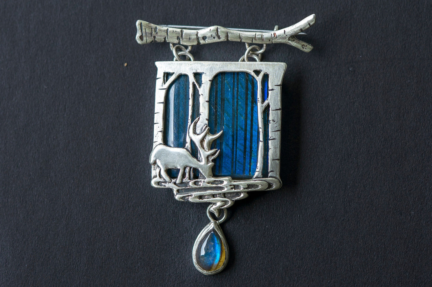 Deer in magical world, Labradorite brooch and necklace, one of a kind