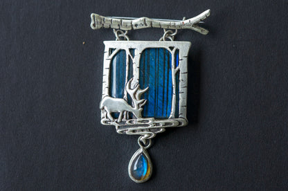 Deer in magical world, Labradorite brooch and necklace, one of a kind
