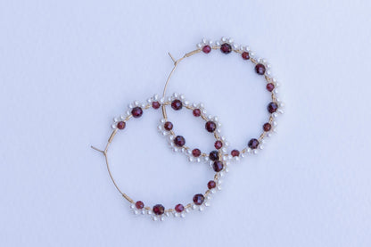 Garnet and pearl lace hoop earrings
