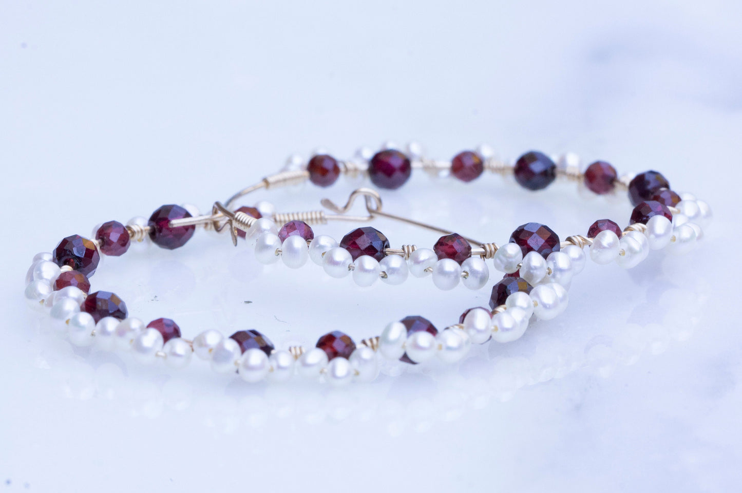 Garnet and pearl lace hoop earrings