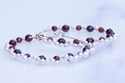 Garnet and pearl lace hoop earrings