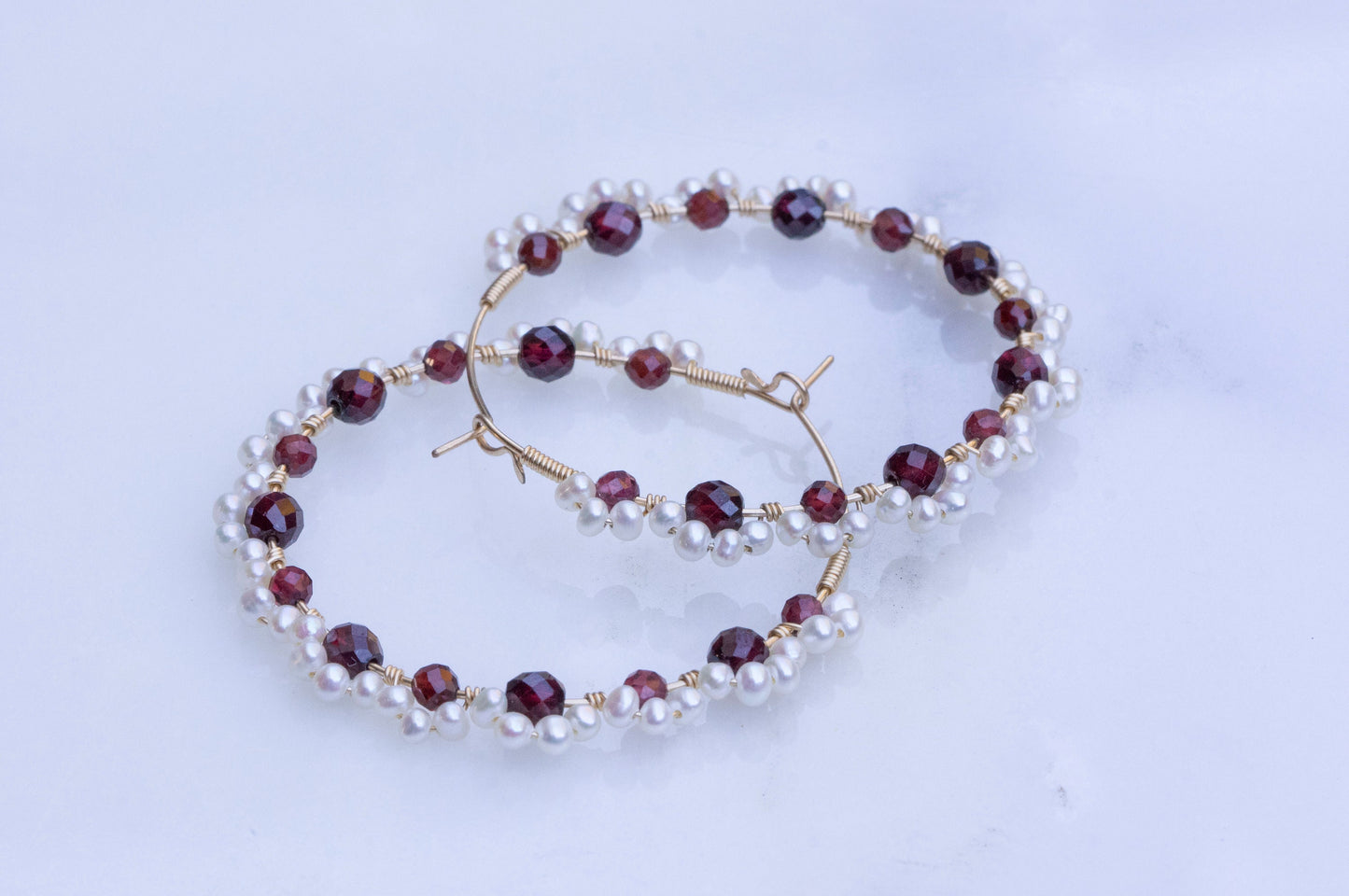Garnet and pearl lace hoop earrings