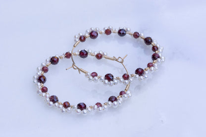 Garnet and pearl lace hoop earrings