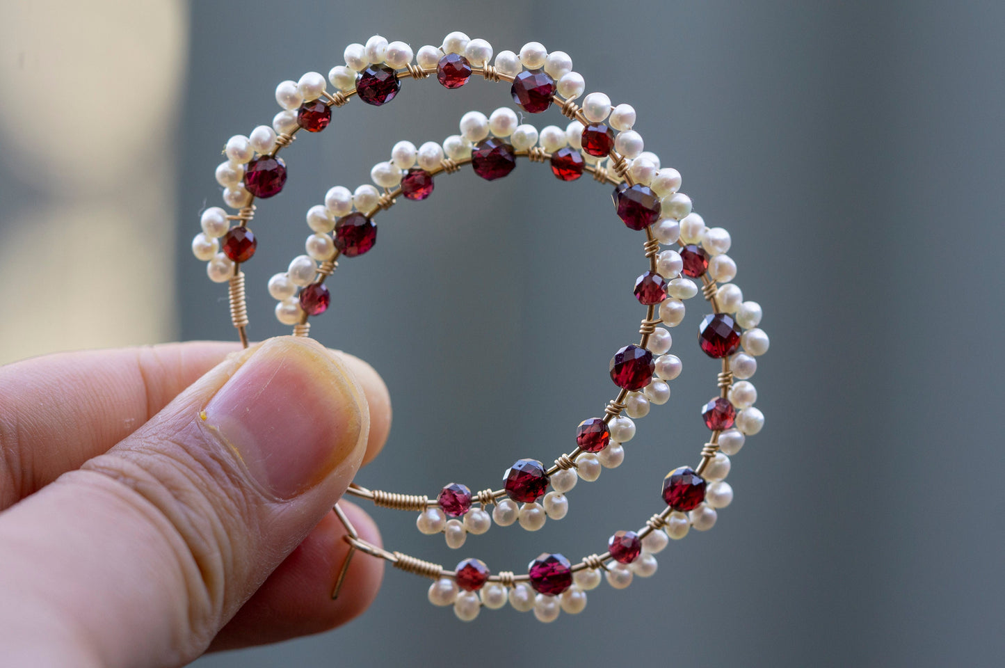 Garnet and pearl lace hoop earrings