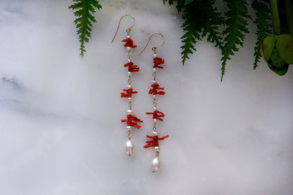 long coral and pearl cluster earrings