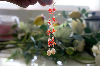 long coral and pearl cluster earrings