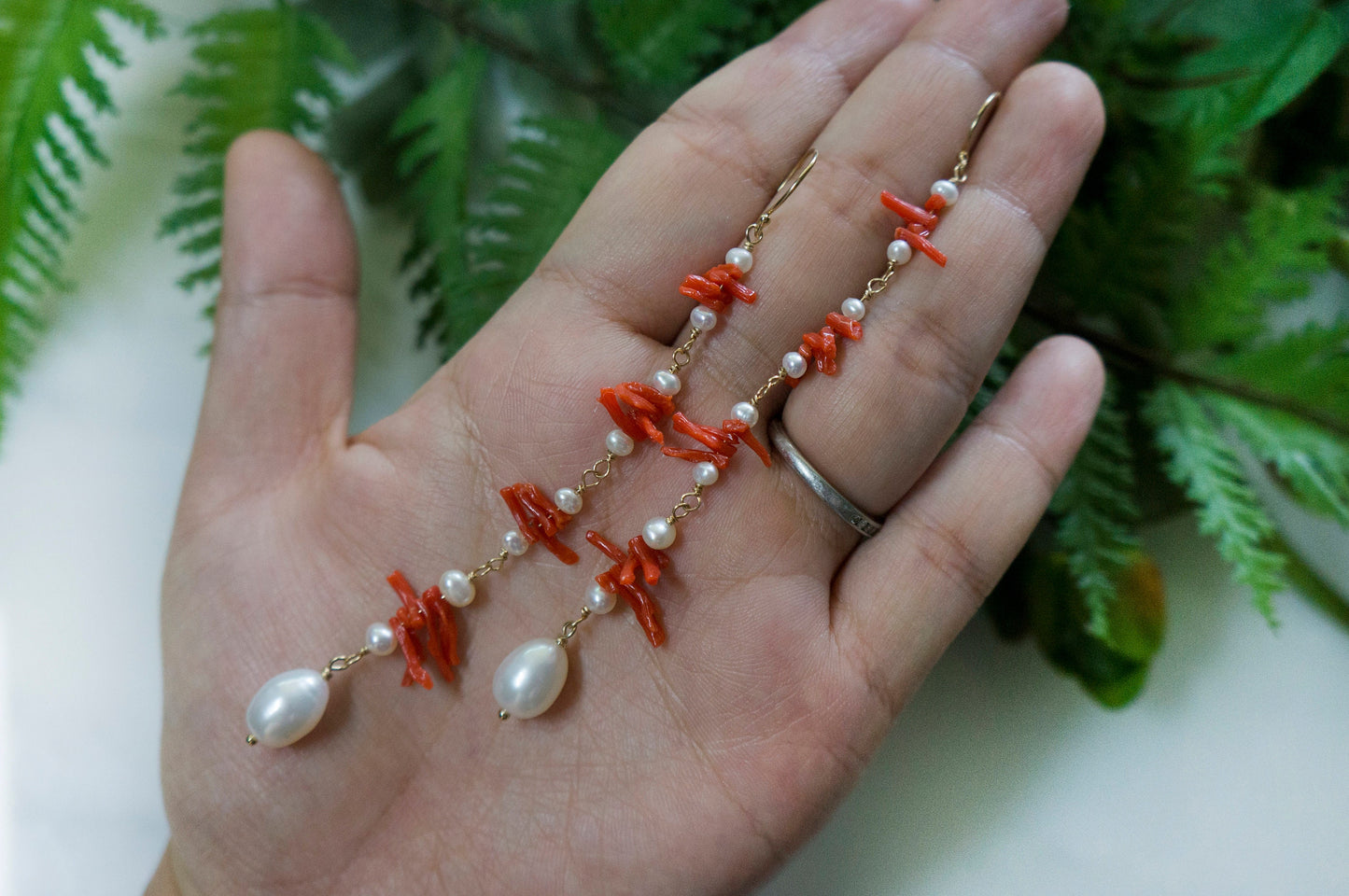 long coral and pearl cluster earrings