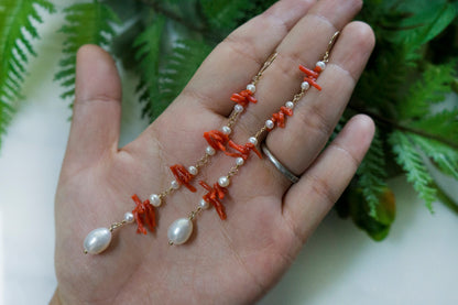 long coral and pearl cluster earrings