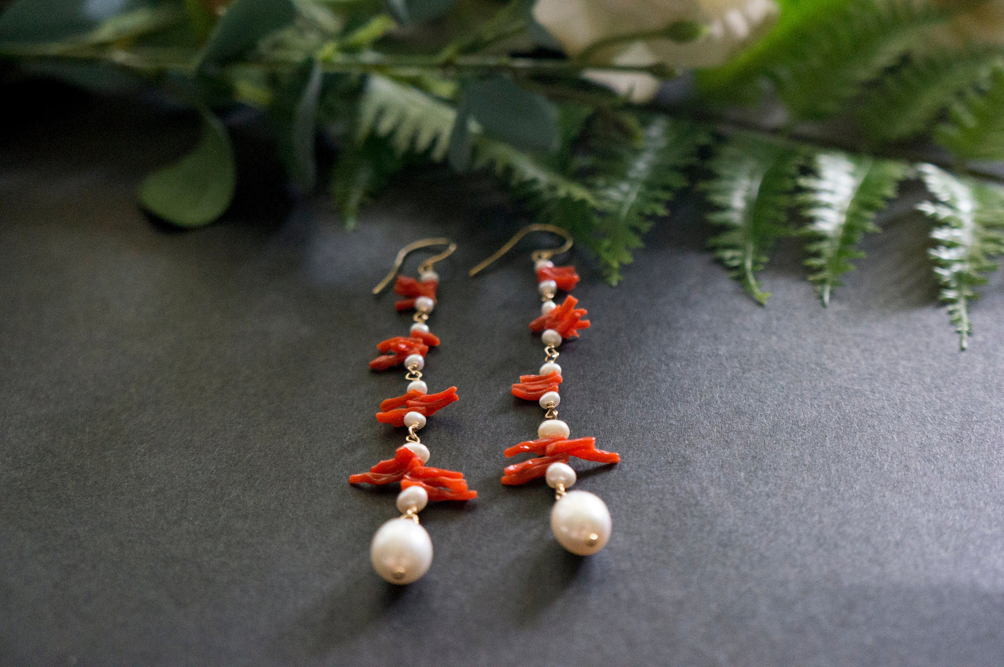 long coral and pearl cluster earrings