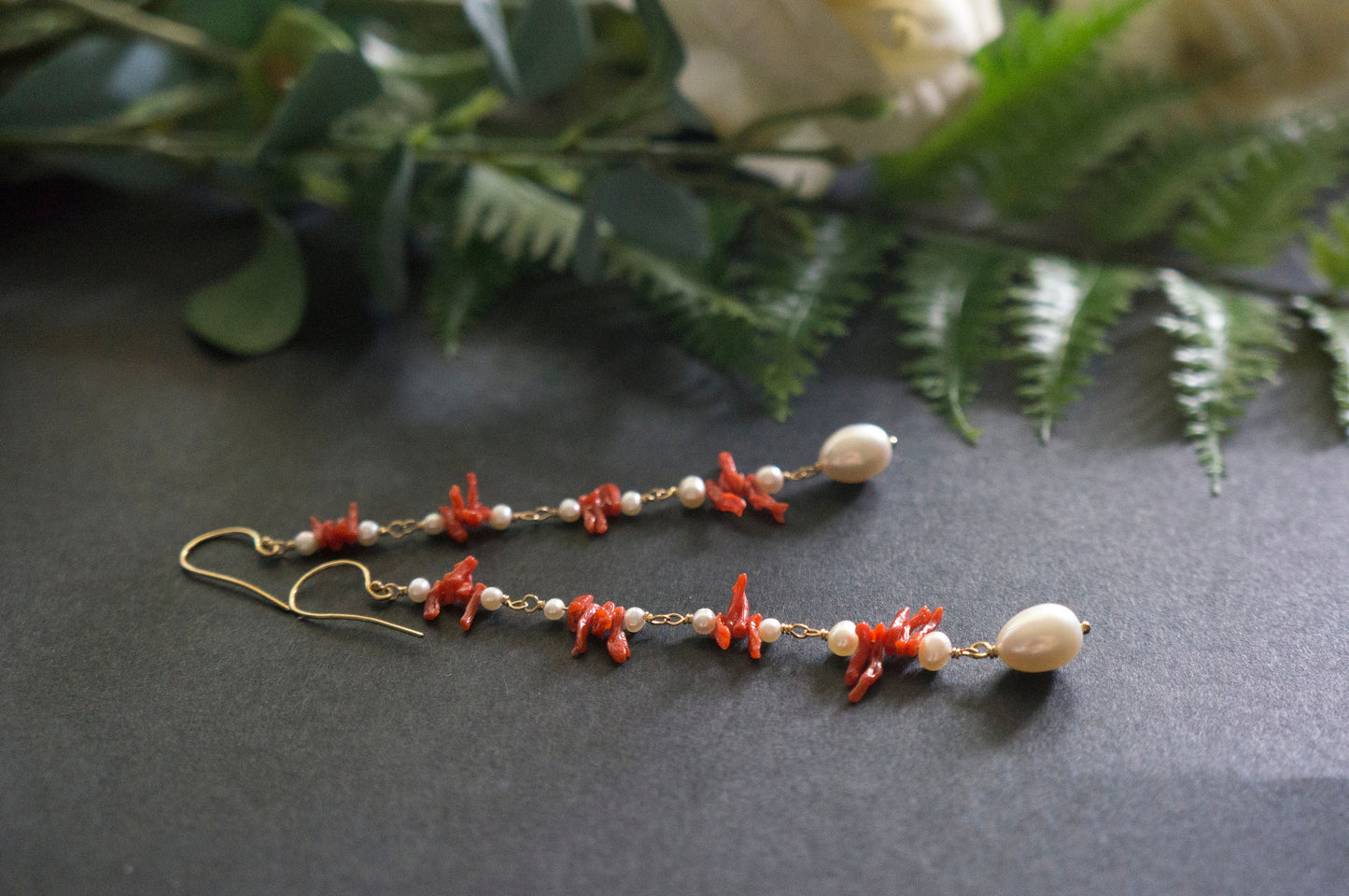 long coral and pearl cluster earrings