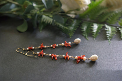 long coral and pearl cluster earrings