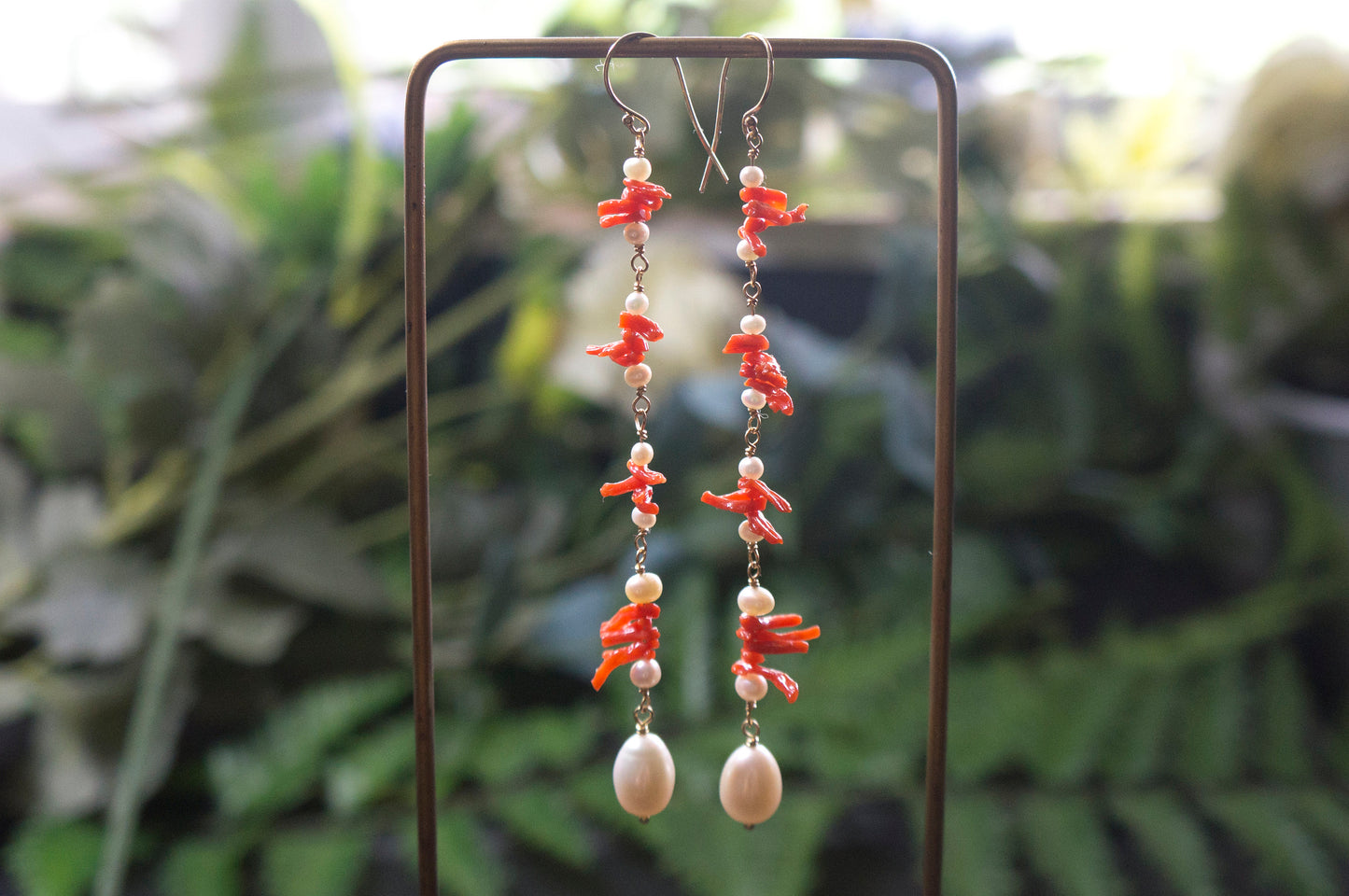 long coral and pearl cluster earrings