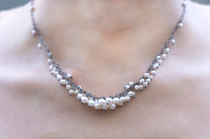 Freshwater pearl silver cluster necklace